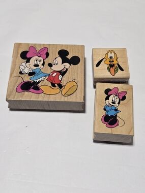 Lot 4- Disney Mickey & Minnie Wooden Stamps - Pink, Blue, Yellow